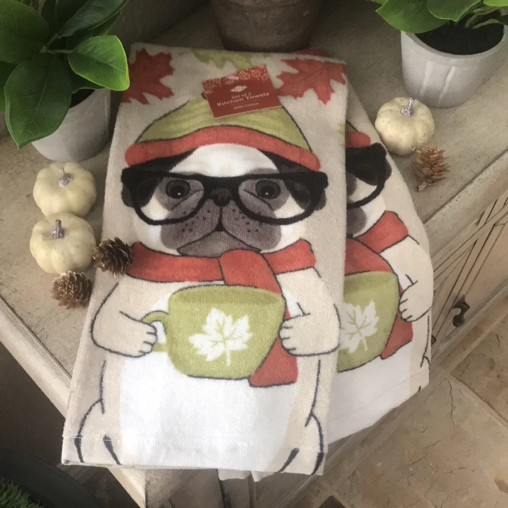 Adorable Fall Pug plush kitchen towels 100% cotton